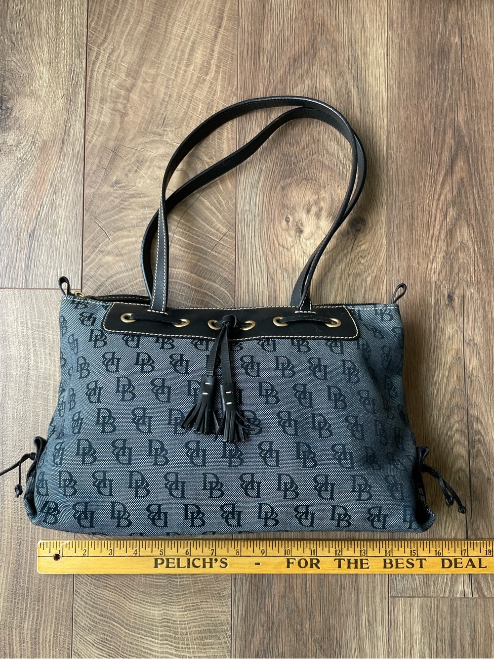 Dooney & Bourke Signature Tassel Monogram Gray Canvas & Leather Shoulder Bag
